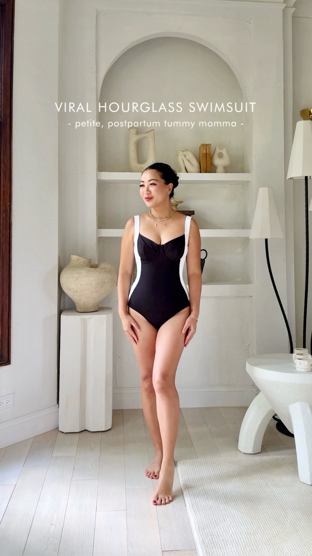 The viral hourglass swimsuit! Creating curves while smoothing the right places! Mid-weight compression material, adjustable tie at back and supportive design. Comes in three torso lengths, sizes XXS - 4X, and cup sizes A to K. My postpartum body feels amazing in it! 

For size reference, I’m 5 ft 115 pounds, postpartum tummy body. I’m wearing size S, Reg/Long torso length and B/C cup. 

I bought the size XS, Reg/Long torso, A/B cup and unfortunately it was too tight and small for me. Return and exchange was very easy!

Also linked another option for under $40 here. 

#LTKPetite #LTKSwim #LTKOver40