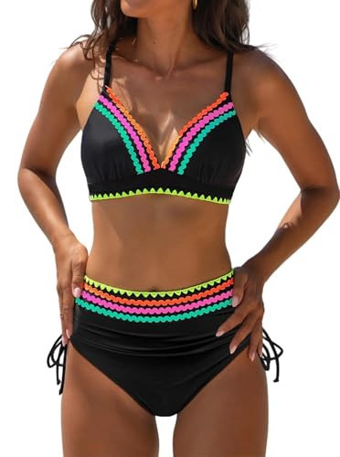 popvil High Waisted Bikini Sets for Women Tummy Control Swimsuits 2026 Neon Two Piece V Neck Drawstring Modest Curvy Bathing Suits Ladies Beach (Black) | Amazon (US)