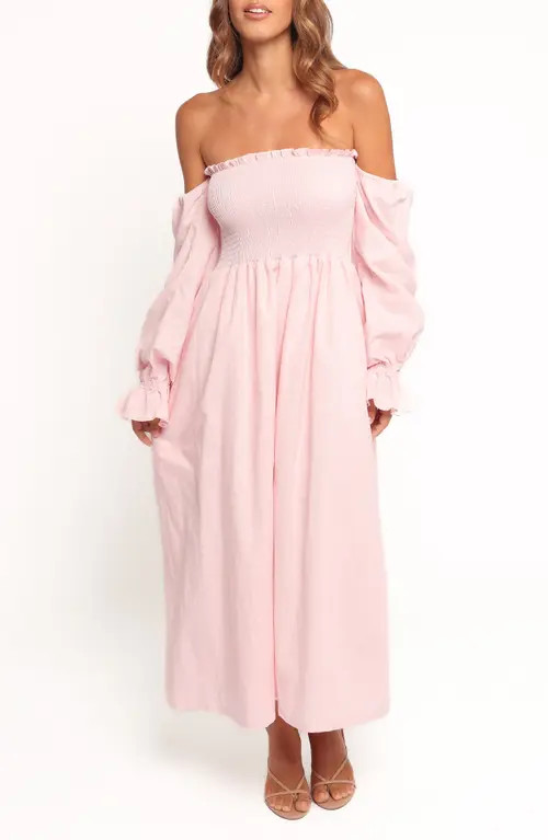 Petal & Pup Domenica Off the Shoulder Linen Blend Midi Dress in Pink at Nordstrom, Size Medium | Nordstrom