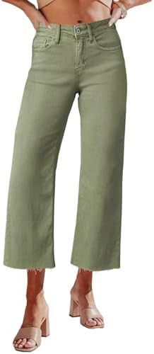 Allimy Women's High Waisted Straight Ankle Wide Leg Ripped Jeans Frayed Hem Stretchy Capri Denim ... | Amazon (US)