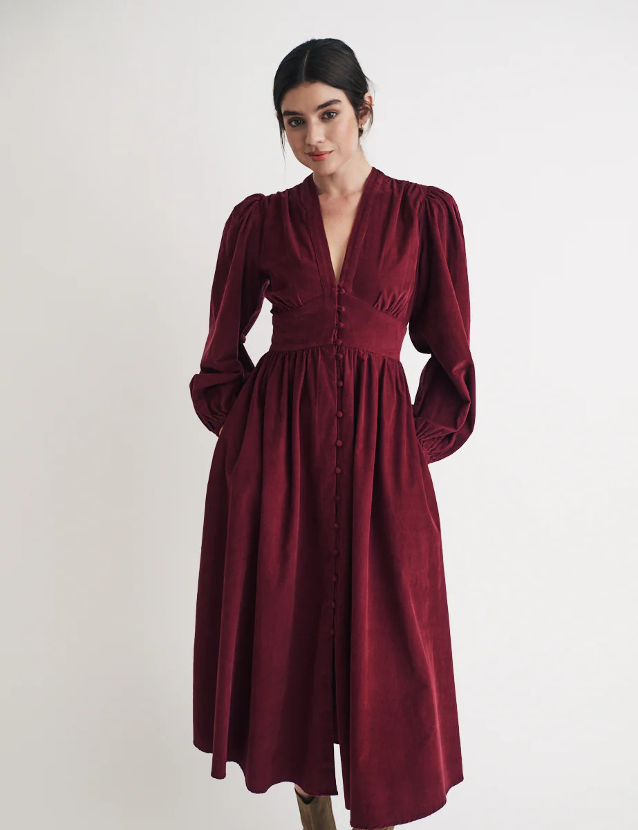 Burgundy Cord Long Sleeve Starlight Midi Dress | Nobody's Child