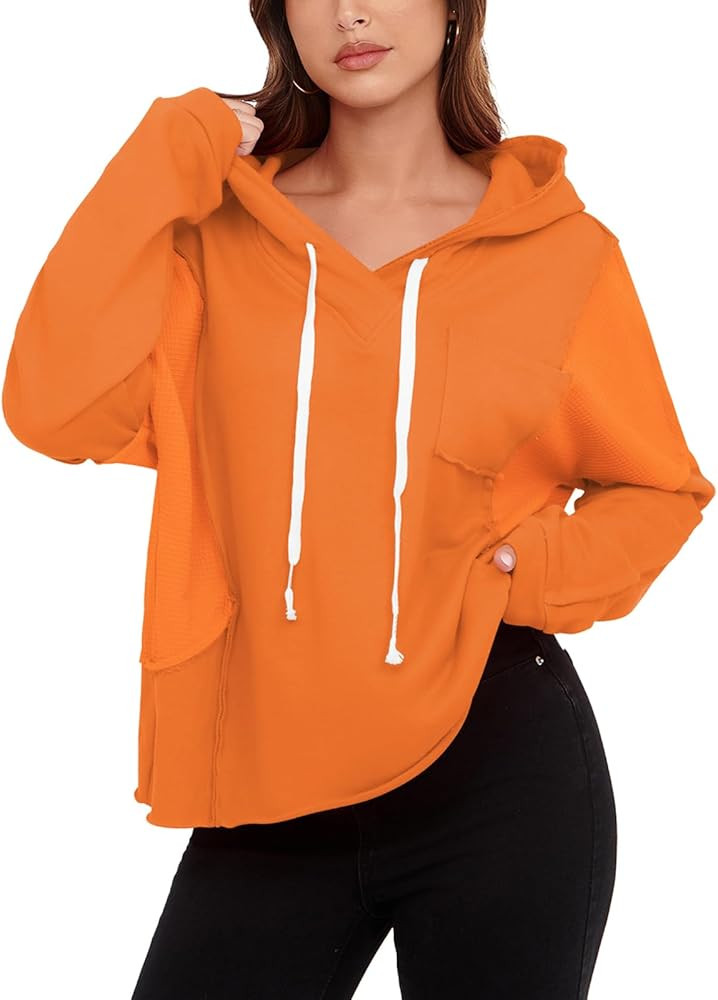 Poetsky Women Casual V Neck Waffle Knit Patchwork Hoodies Loose Casual Long Sleeve Oversized Pull... | Amazon (US)