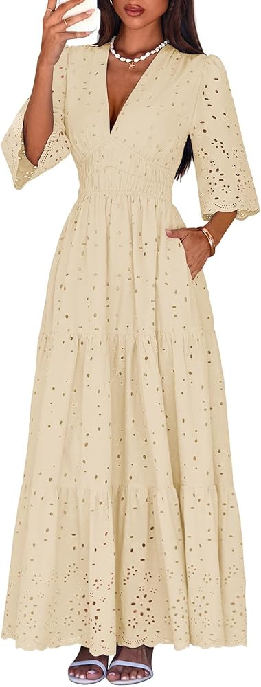Lazysmile Long Sleeve Dresses for Women V Neck Hollow Out Eyelet Ruffle Swing A-Line Fall Vacatio... | Amazon (US)