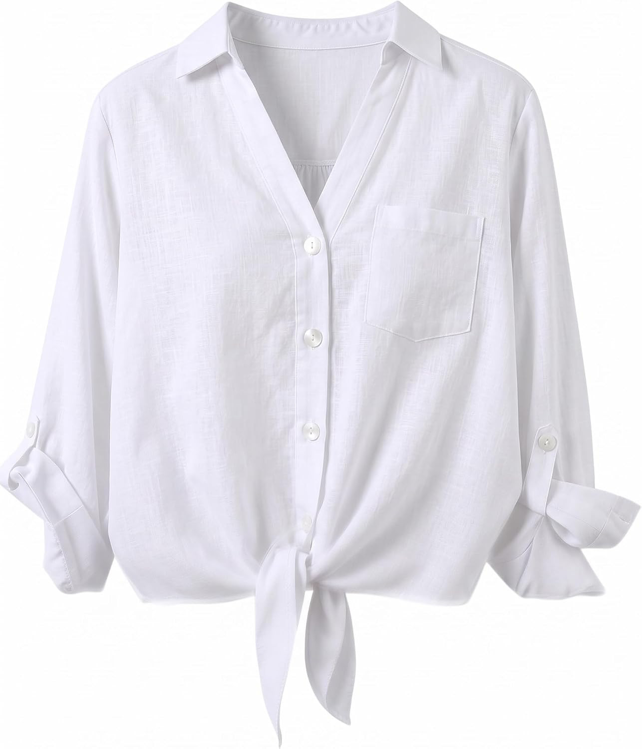Omoone Tie Front Tops for Women 3/4 Sleeve Loose Cotton Linen Shirt | Amazon (US)
