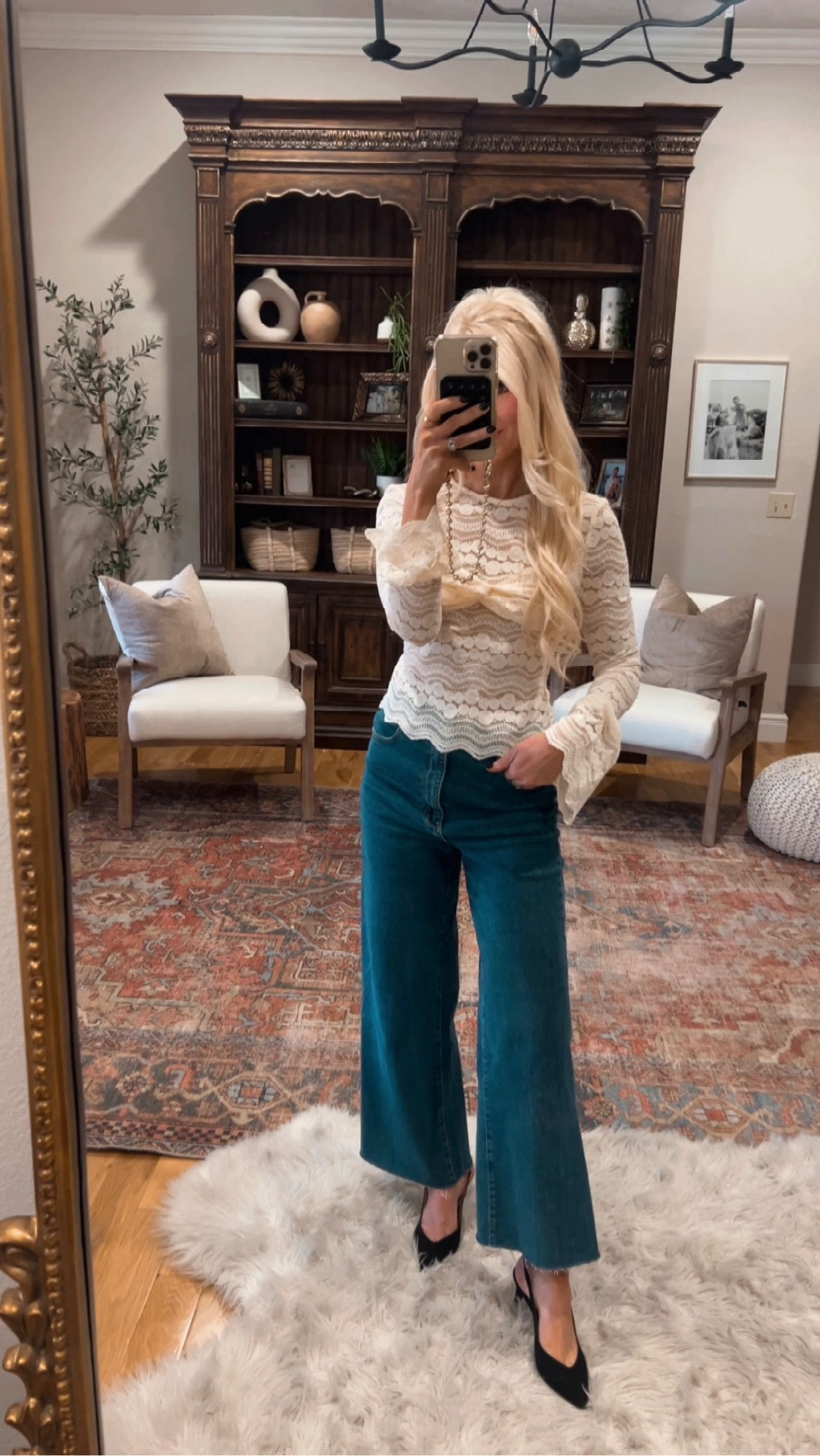 Christmas party outfit inspo🤍✨ These black pumps have been my most worn pair this year! Such a timeless heel and so comfortable🙌🏻 on sale for Cyber Monday 30% off @inez | petite friendly jeans | classic suede black heels 

#LTKCyberWeek #LTKHoliday #LTKSaleAlert