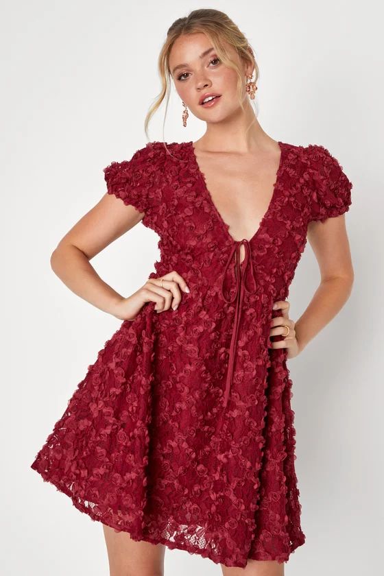 Elegant Delight Wine Red 3D Floral Lace Puff Sleeve Mini Dress | Lulus