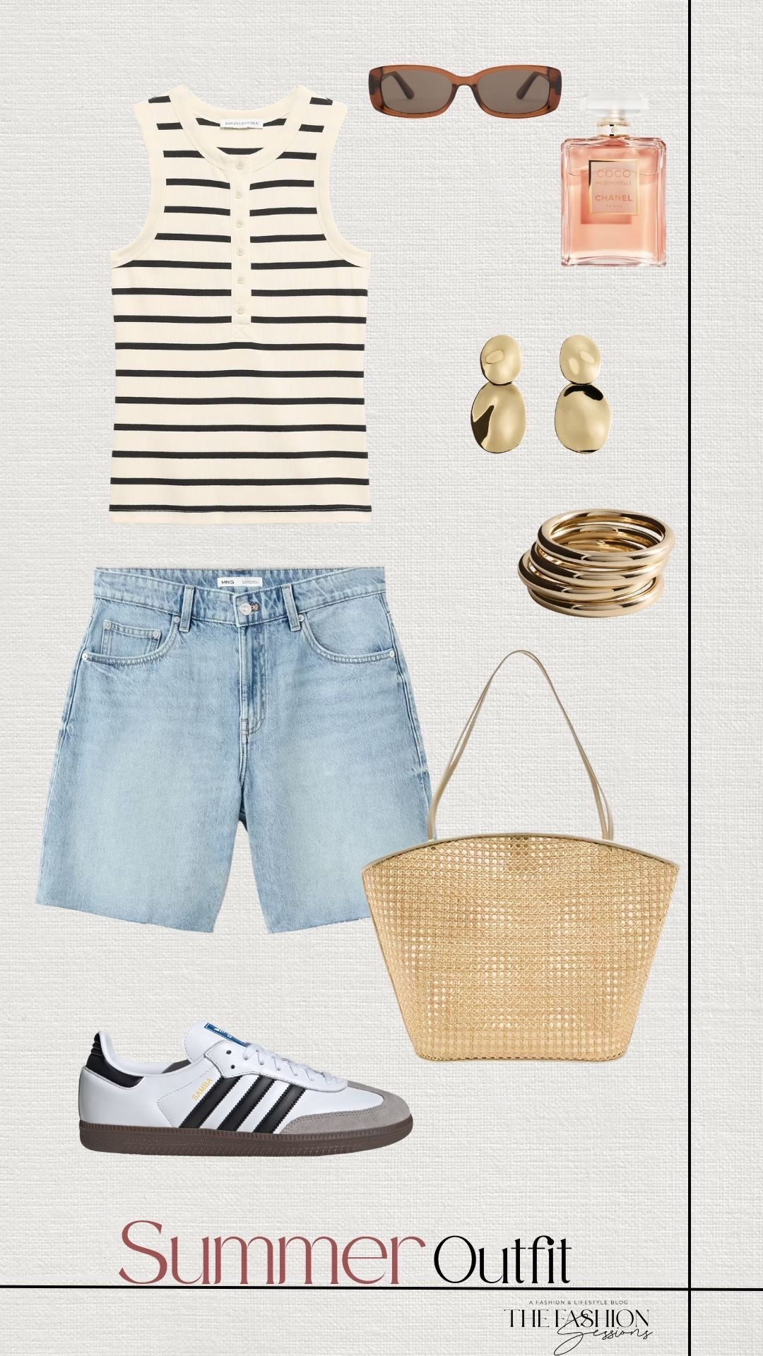 Summer Outfit | Striped Tank Top | Denim Shorts | Woven Bag | Adidas Sambas | Gold Jewelry | Chanel Perfume |

#LTKootd #LTKstorytime