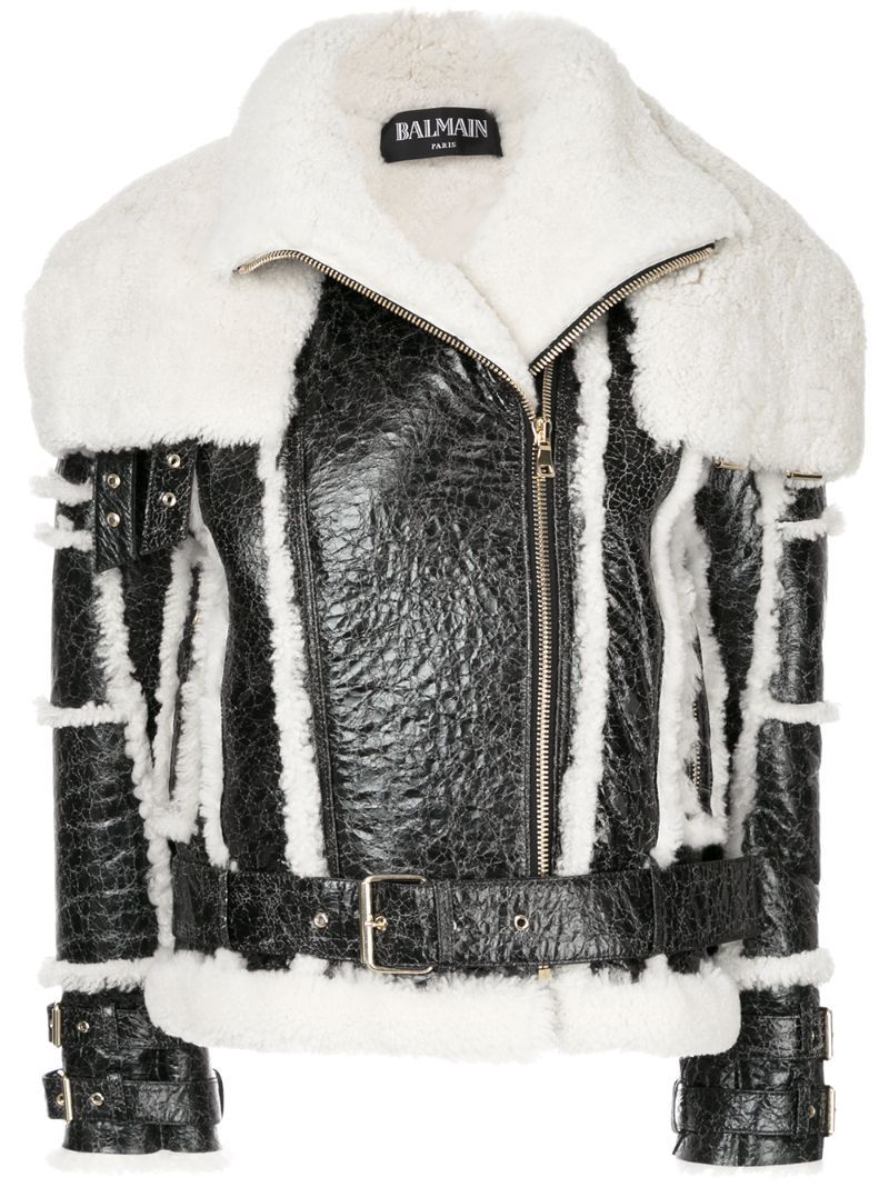 Balmain - belted biker jacket - women - Lambs Wool - 38, Black | FarFetch Global