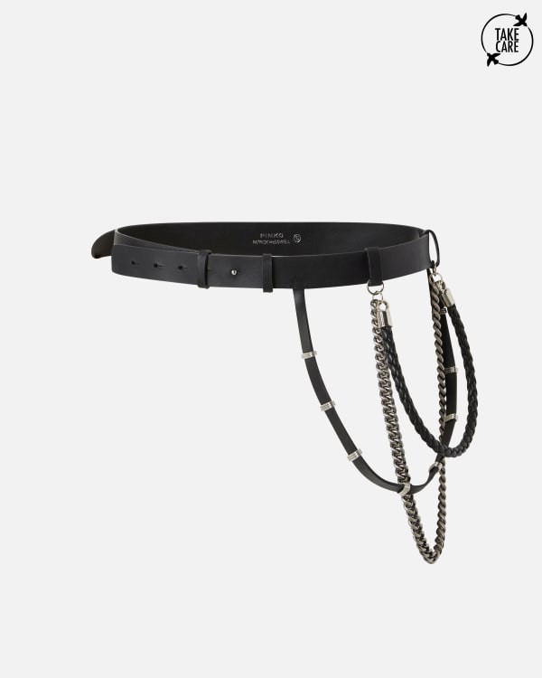 Leather belt with chains and straps, 3 cm | PINKO (Global)