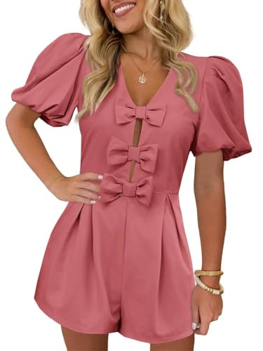 Cicy Bell Womens Cute Rompers Bow Front Puff Sleeve V Neck Short Jumpsuits Sexy Summer Outfits with Pockets | Amazon (US)