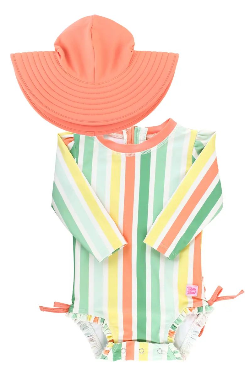 Saltwater Stripe One-Piece Rashguard Swimsuit & Hat Set | Nordstrom