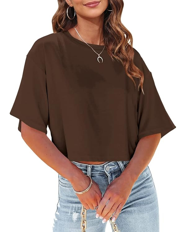 Tankaneo Women Half Sleeve Cropped T-Shirts Drop Shoulder Round Neck Crop Tops Casual Summer Soli... | Amazon (US)