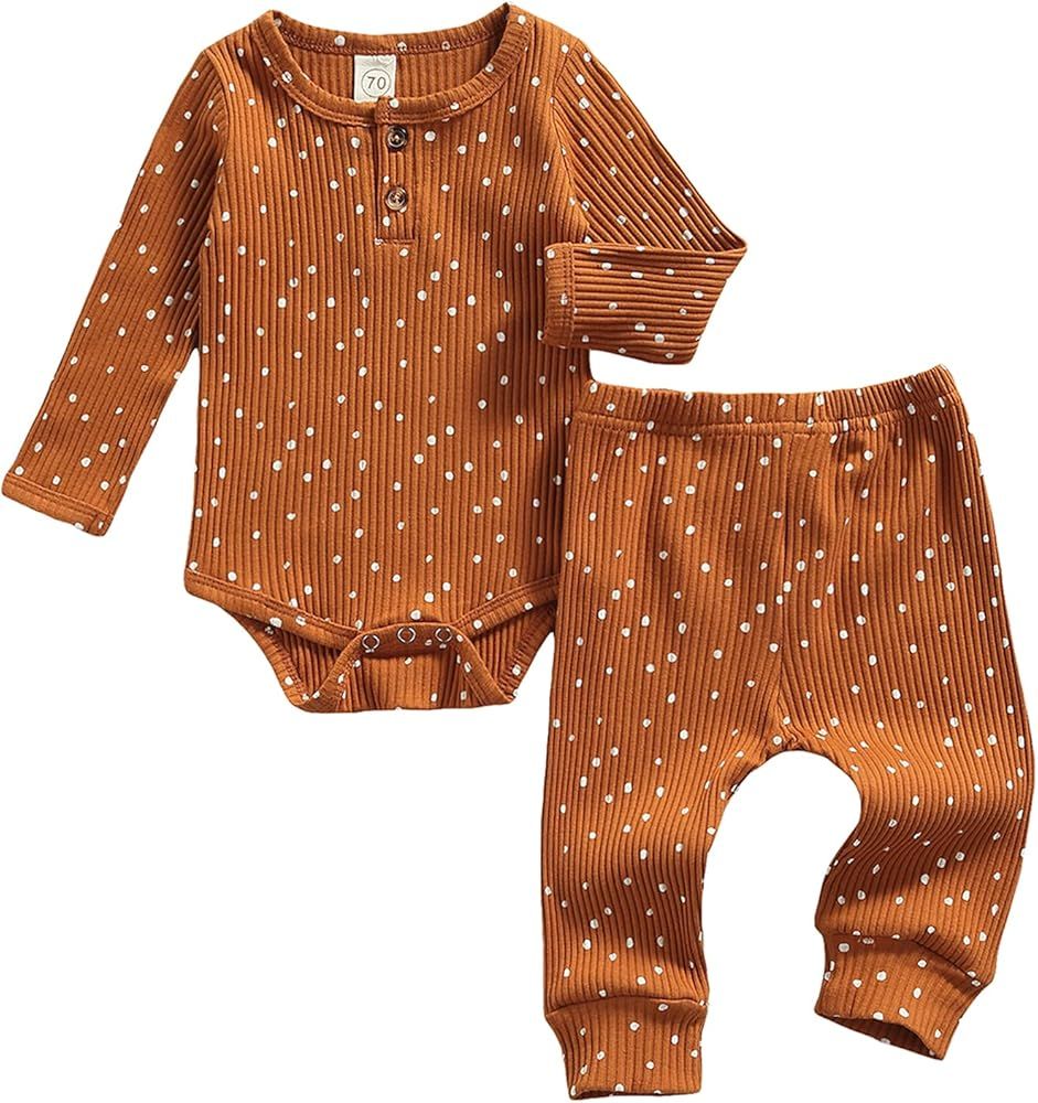 Newborn Baby Boy Girl Polka Dot Clothes Set Ribbed Knit Cotton Long Sleeve Romper Pants Unisex Fa... | Amazon (US)