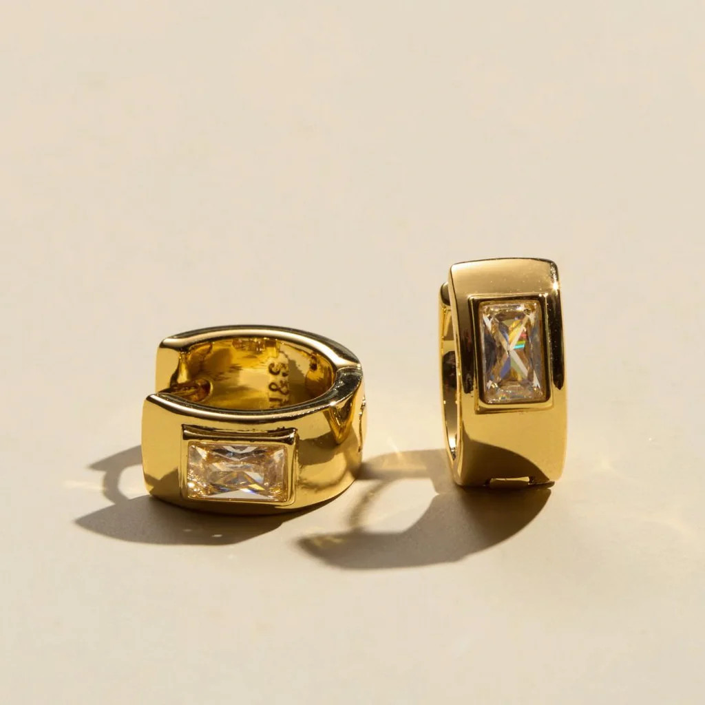 Gold Classic Baguette Bezel Huggies | Nickel and Suede