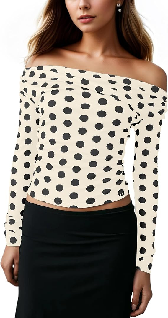 Women Polka Dot Off Shoulder Top Slim Fit Long Sleeve Crop Top Tight Sexy y2k Going Out Shirts Ni... | Amazon (US)