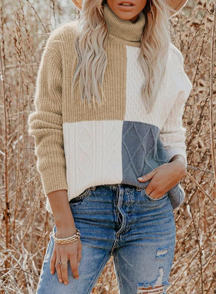 AlvaQ Women Color Block Turtleneck Sweaters for Women Long Sleeve Cable Knit Pullover Jumper Tops,S- | Amazon (US)