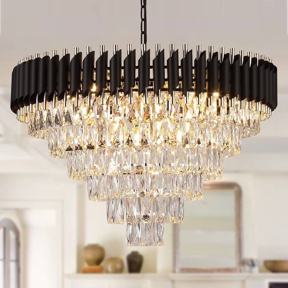 AXILIXI Black and Gold Crystal Chandeliers 30” Modern Dining Room Chandelier Round 6 Tiers K9 C... | Amazon (US)