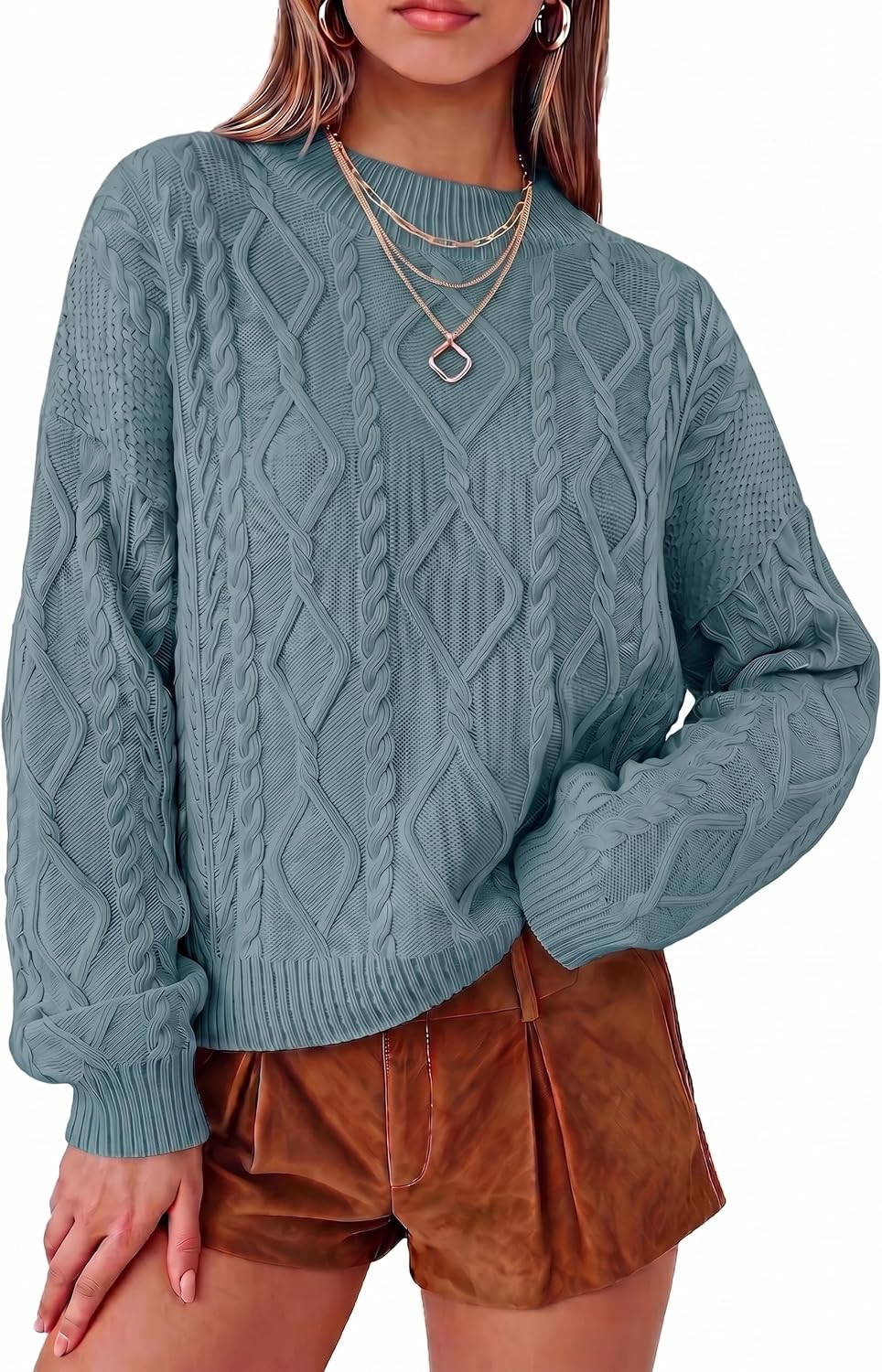 Arach&Cloz Women's Oversized Cropped Cable Knit Casual Sweater Tops | Amazon (US)