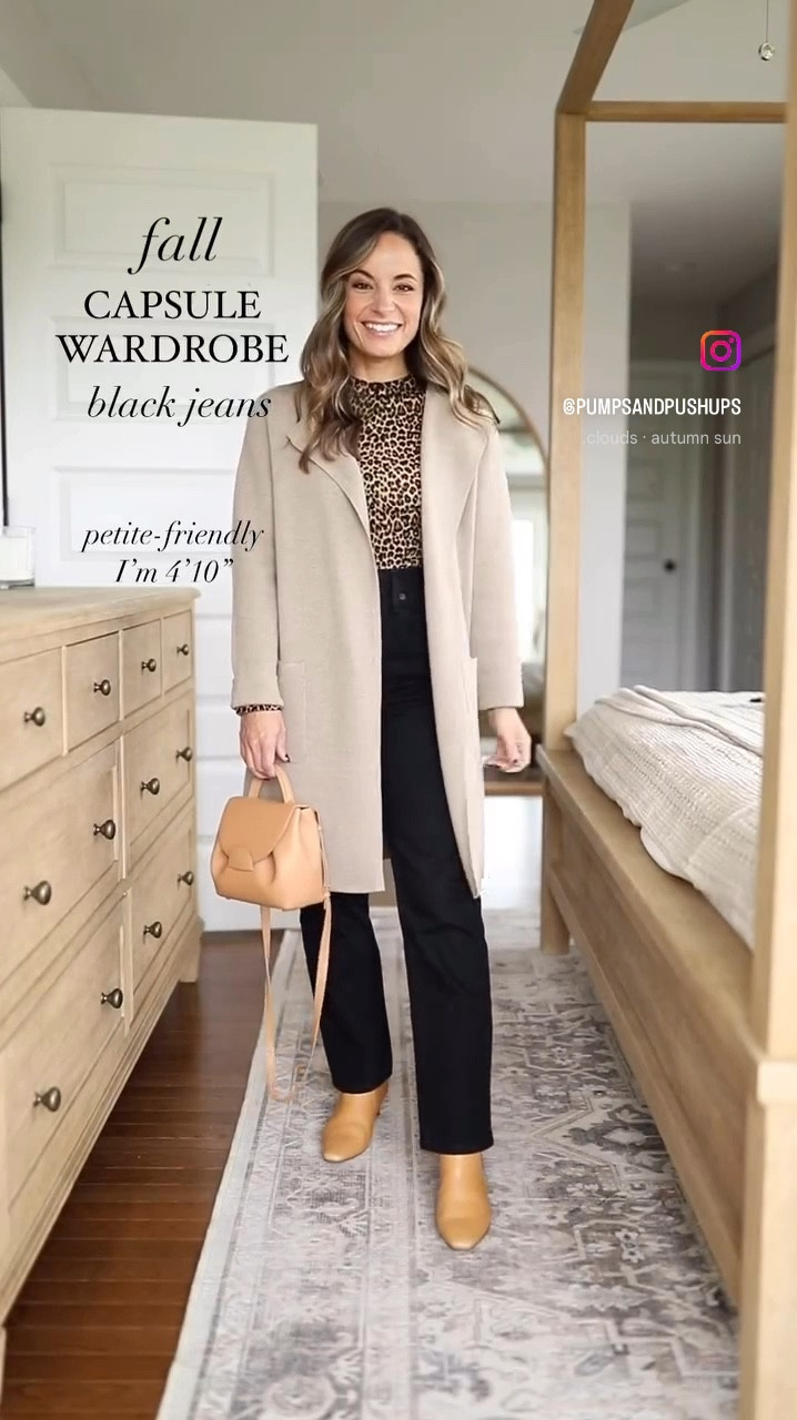 2024 fall casual capsule wardrobe series: black jeans! 

White sweater (quince): xs 
Leopard sweater (j.crew): xxs 
Green sweater (quince): xs 
Brown sweater (j.crew): xxs 
White cardigan (quince): xs 
Olive jacket (Abercrombie): xxs 
Denim shirt (j.crew): petite xxs 
Long cardigan (j.crew): xxs in Heather Birch 
Puffer coat (j.crew): petite xxs 
Green coat (j.crew): petite 00 
White t-shirt (gap): xxs 
Black t-shirt (gap): xxs 
Leggings (quince): xs, 24” inseam 
Black jeans (Abercrombie): 24 extra short 
Dark wash jeans (quince): 24, 26” inseam 
Bootcut jeans (j.crew): petite 24 

*alternate less expensive options are listed on my blog post for the capsule wardrobe 

My measurements for reference: 4’10” 105lbs bust, waist, hips 32”, 24”, 35” size 5 shoe. 25” inseam measurement to my ankle bone.
