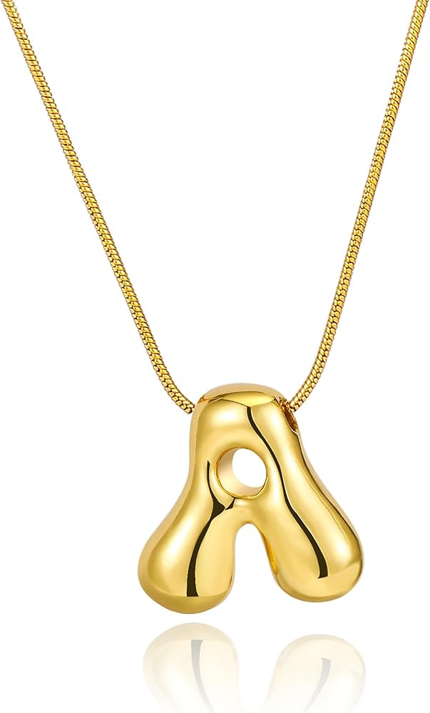 Bubble Letter Necklace Gold, Gold Balloon Initial Letter Necklace for Women,18K Gold Plated Daint... | Amazon (US)