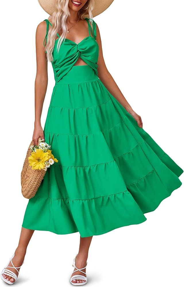 Fisoew Womens Twist Knot Front Cut Out Maxi Sundress Sleeveless Tie Strap Tiered Beach Dress | Amazon (US)