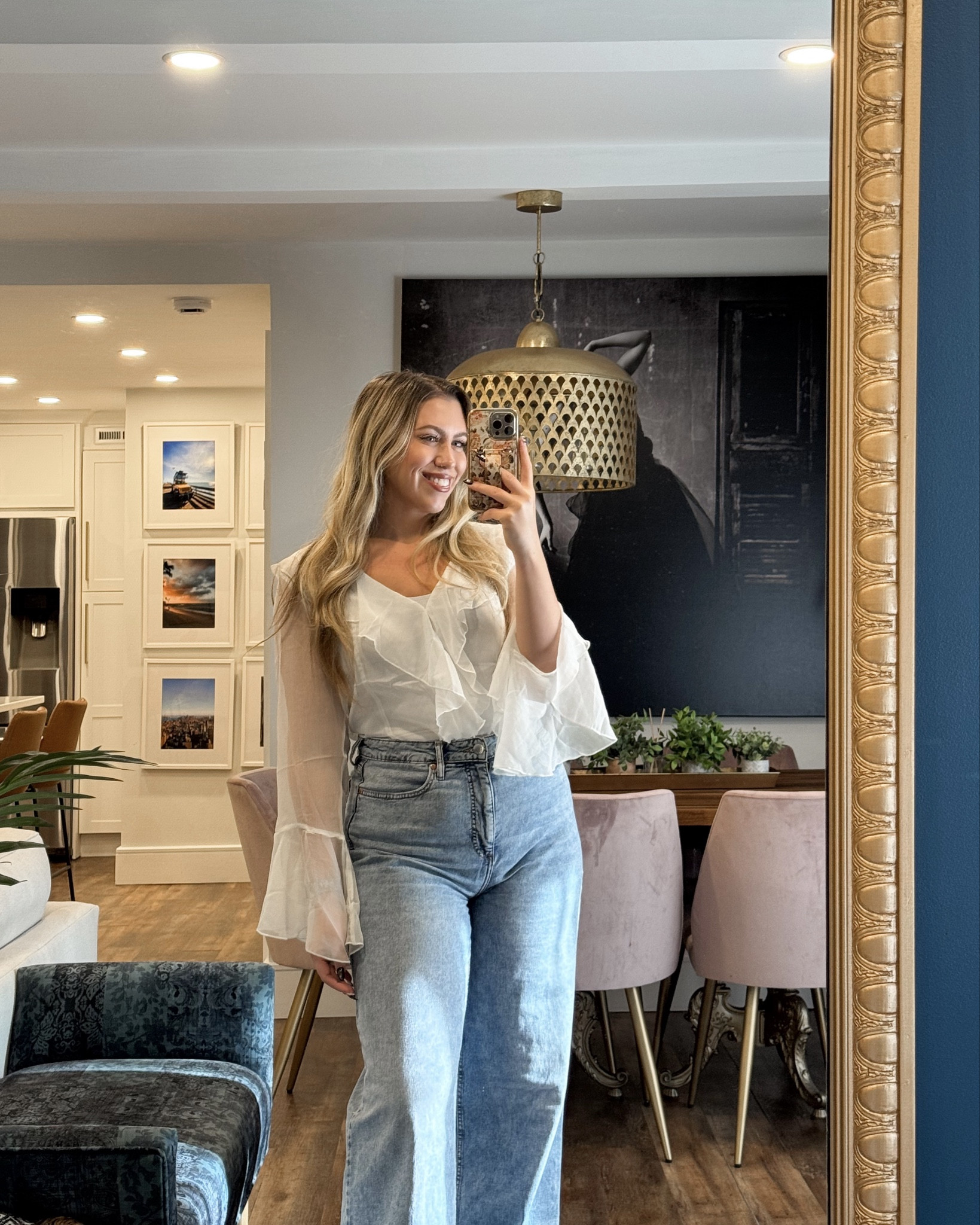 The cutest free people chiffon ruffle top! Romantic and perfect for fall of the holidays! Fall outfit inspiration. Wearing a large. 

 #LTKSeasonal #LTKMidsize #LTKStyleTip