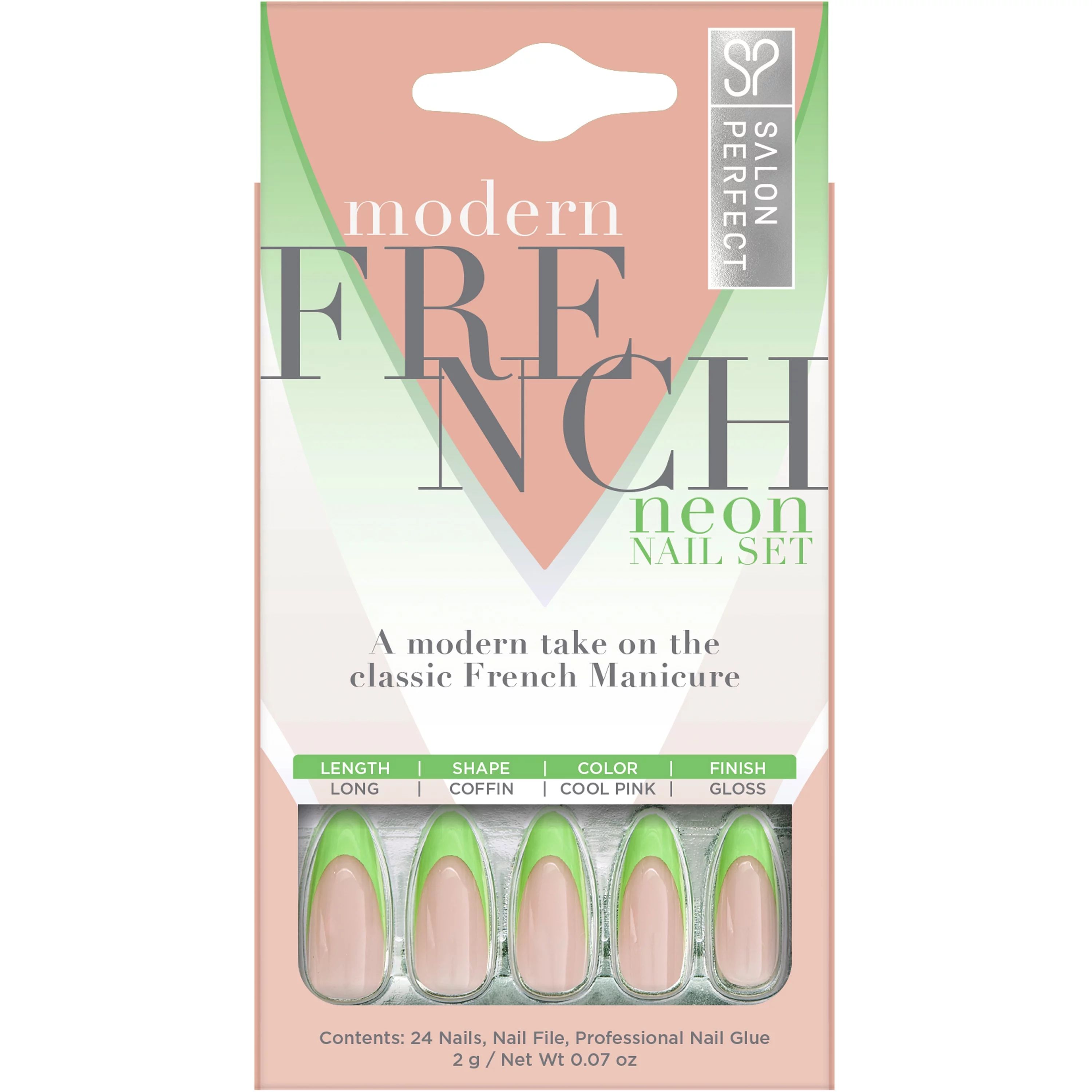 Salon Perfect Artificial Nails, 145 Neon Modern French Mint File & Glue Included, 30 Nails | Walmart (US)