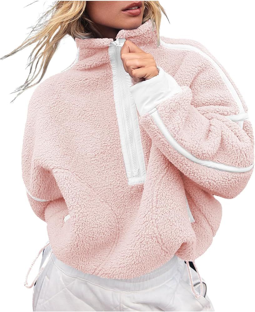 Women's Oversized Fleece Sweatshirt Long Sleeve Half Zip Sherpa Y2k Fleece Pullover Top With Pock... | Amazon (US)