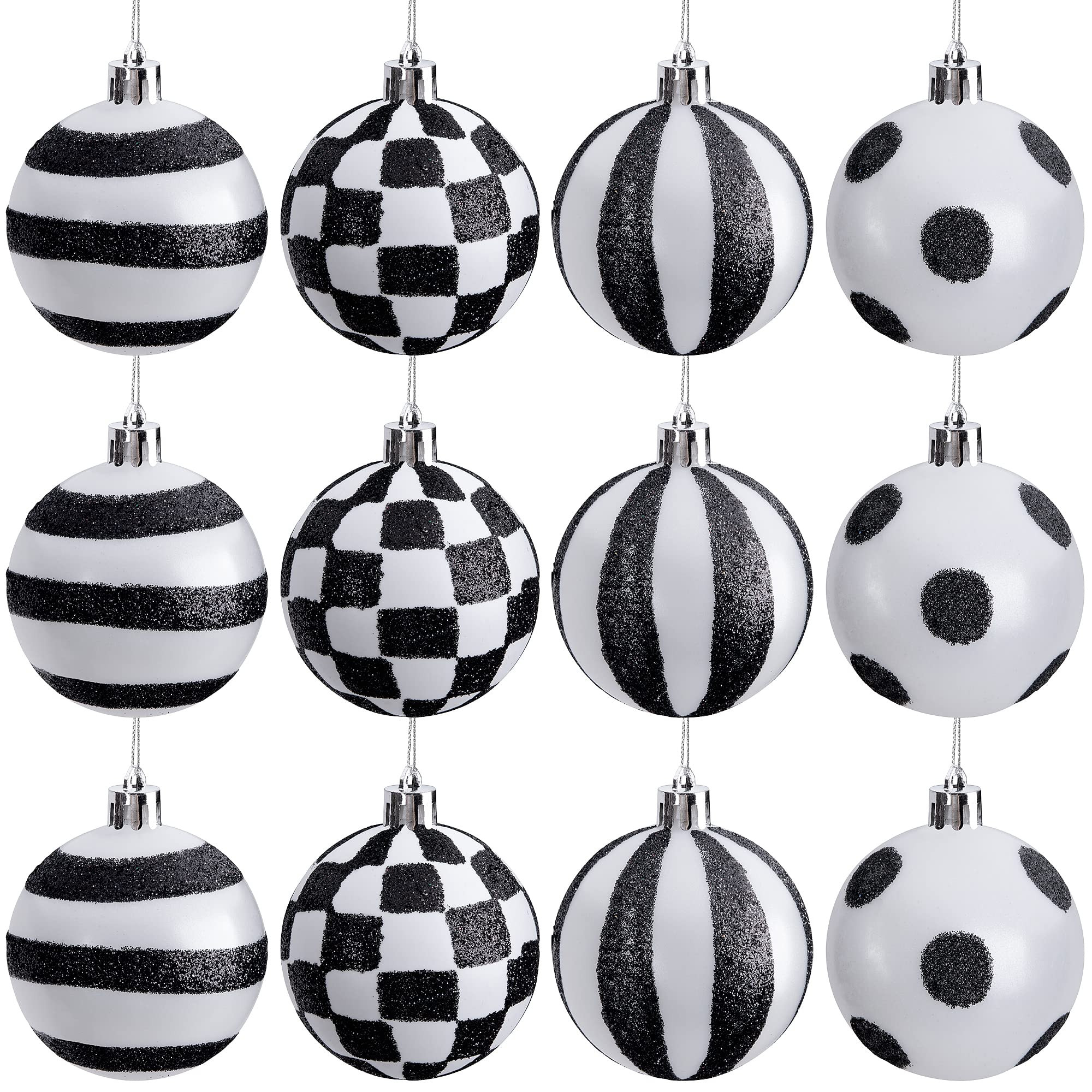 12pcs Black and White Glitter Ball ,Christmas Polka Dot Hanging Ball,Shatterproof Black White Stripe | Amazon (US)