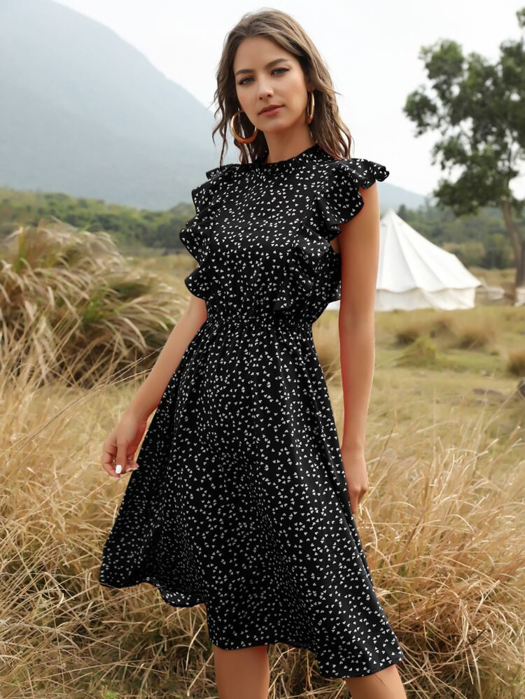 Confetti Heart Print Butterfly Sleeve Dress | SHEIN