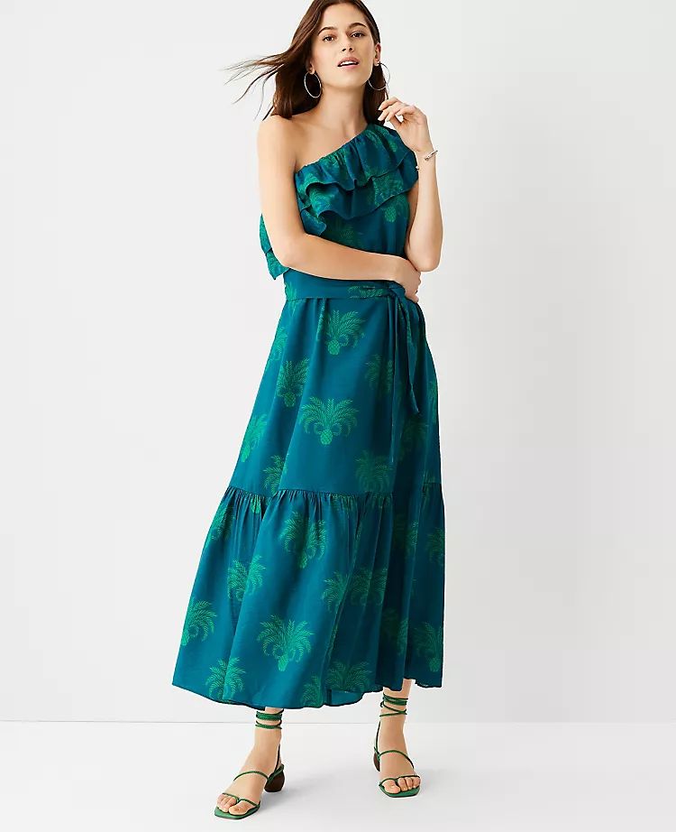 Pineapple Ruffle One Shoulder Belted Maxi Dress | Ann Taylor | Ann Taylor (US)