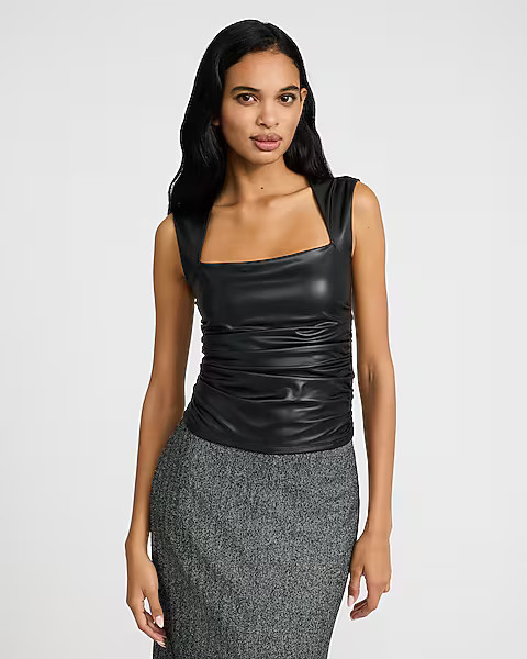 Body Contour Faux Leather Square Neck Ruched Tank | Express
