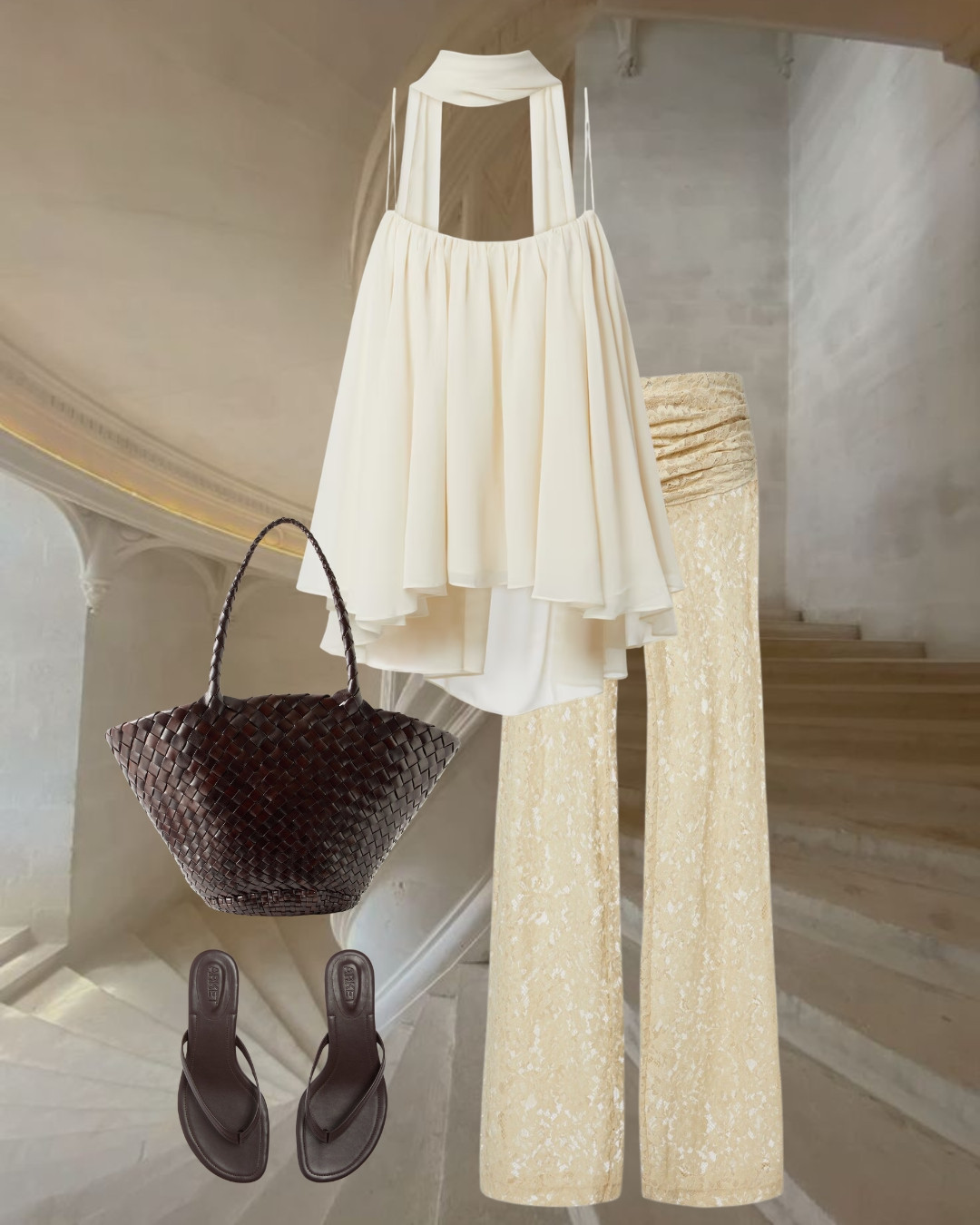 Elegant Evening Resort Style | Cream Halter Babydoll Top, Gold Lace Flared Pants & Dark Brown Woven Tote 

 #LTKgrwm #LTKootd

#LTKtravel