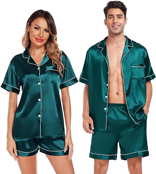 SWOMOG Family Satin Matching Pajamas Sets Button Down Silk Pjs Short Sleeve Soft Lounge Sets 2 Pc... | Amazon (US)