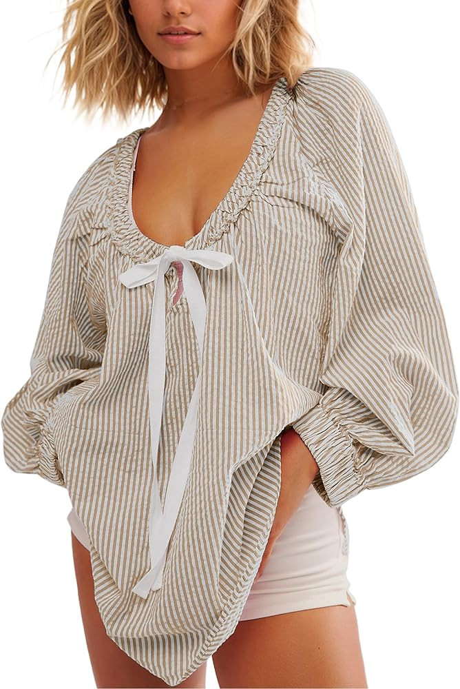 Women Casual Striped Dressy Blouses Long Sleeve Scoop Neck Bow Tie Front Oversized Spring Summer ... | Amazon (US)