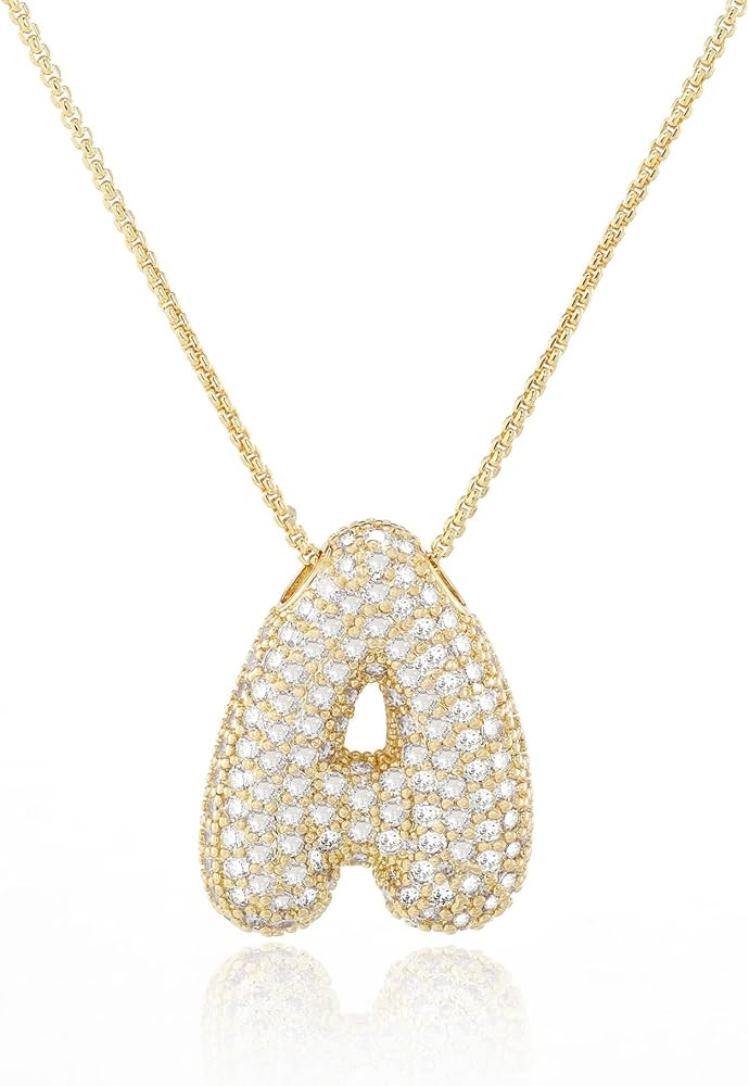 FS bubble letter necklace gold for Women Dainty Charm chunky Zircon Balloon Initial Letter Chain ... | Amazon (US)