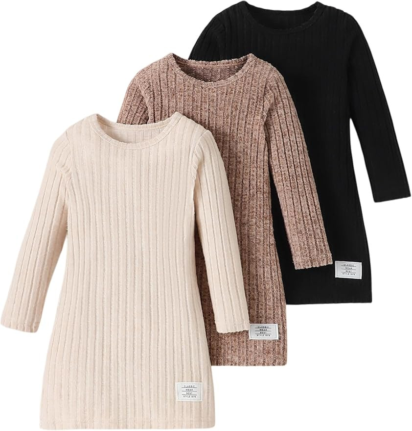 Girls Dresses Toddler Girls Dress 3-Pack Solid Color Ribbed Simple Elegant Casual Long Sleeve Dre... | Amazon (US)
