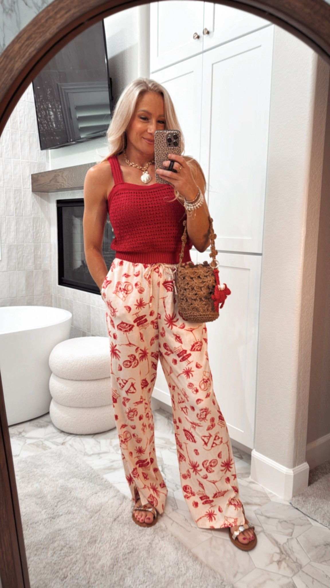 🌊🦀❤️Vacation vibes all day! A crochet top with linen beach themed pants is the style of the season❤️ This red theme has my heart! Target is killing it this summer with all the resort wear! The straw purse and lobster charm are the perfect accessories to this relaxed yet classy outfit. And don’t forget gold sandals to match the gold shell necklace🐚

#LTKFindsUnder100 #LTKSummerEdit #LTKFindsUnder50