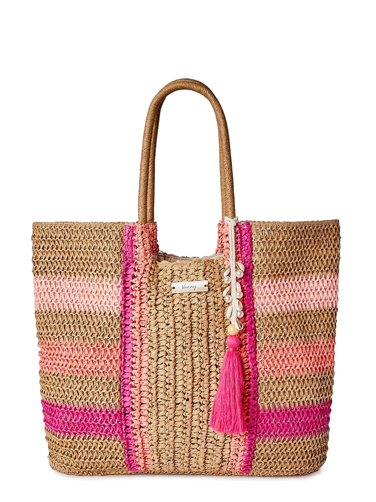 Time and Tru Women's Raffia Bondi Tote Bag Shocking Pink Multi | Walmart (US)