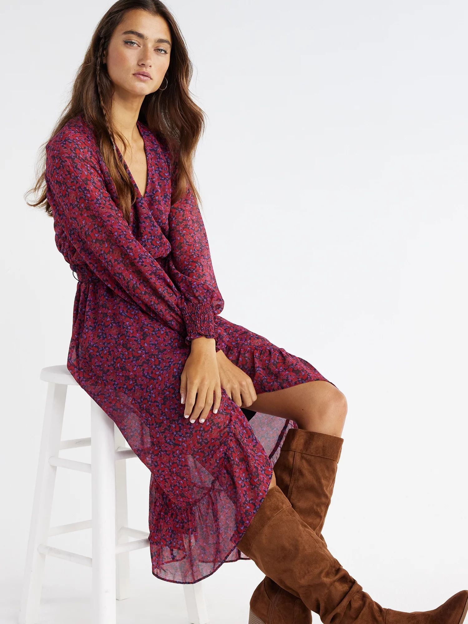 Time and Tru Women's Faux Wrap Midi Dress with Smocked Sleeves, Sizes XS-XXXL | Walmart (US)