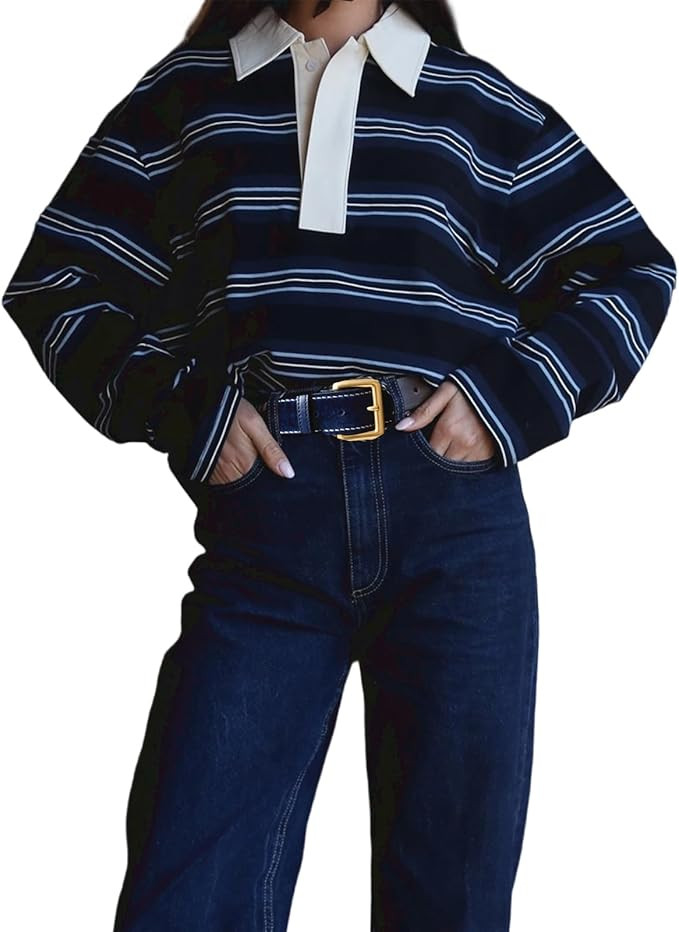 Women Striped Polo Shirts Long Sleeve Collared V Neck Rugby Shirt Oversized Color Block Pullover ... | Amazon (US)