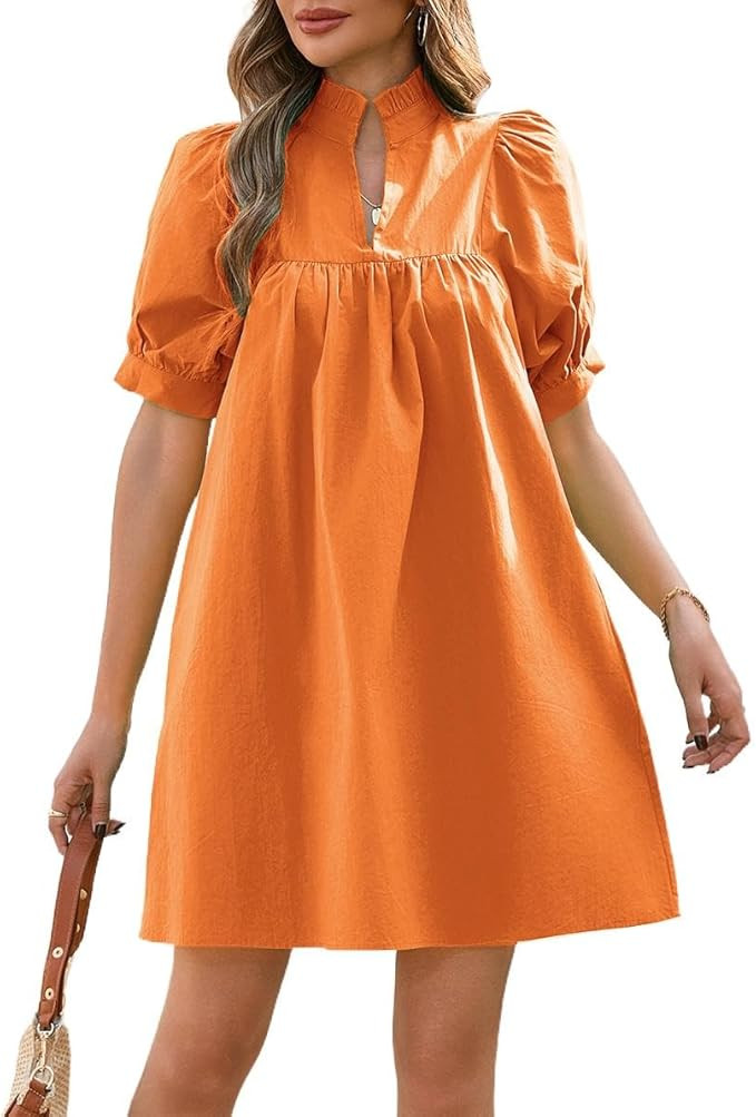 Women's Ruffle Collar High Neck Mini Dress Puff Short Sleeve Cotton Babydoll Peplum Dresses with ... | Amazon (US)