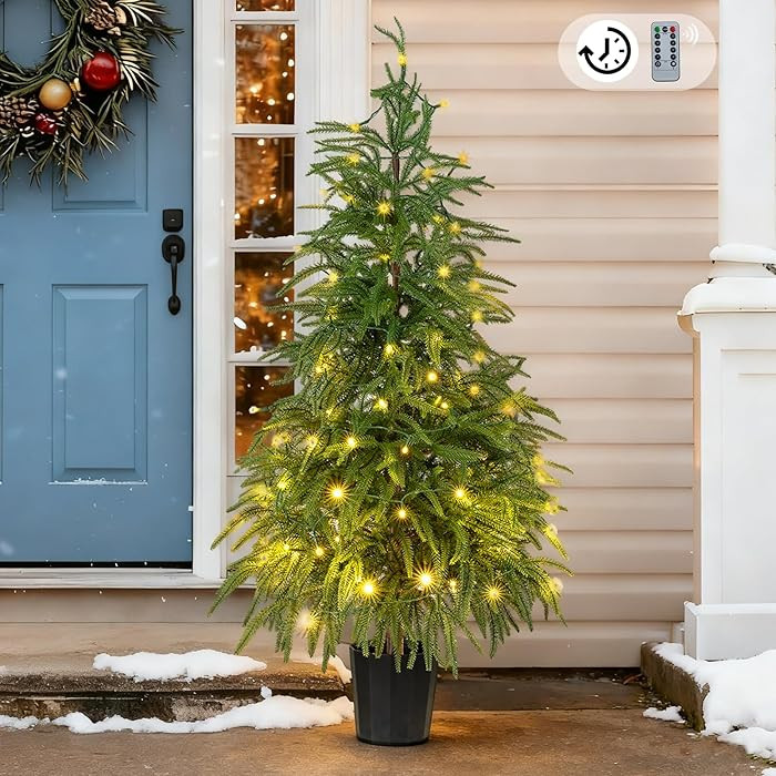 BLOSMON Outdoor Christmas Trees for Porch: 4 Ft Norfolk Pine Tree with 100 LED Lights Remote Cont... | Amazon (US)