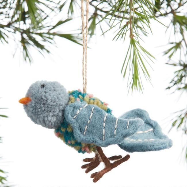 Blue Felted Wool Pom Pom Bird Ornament | World Market