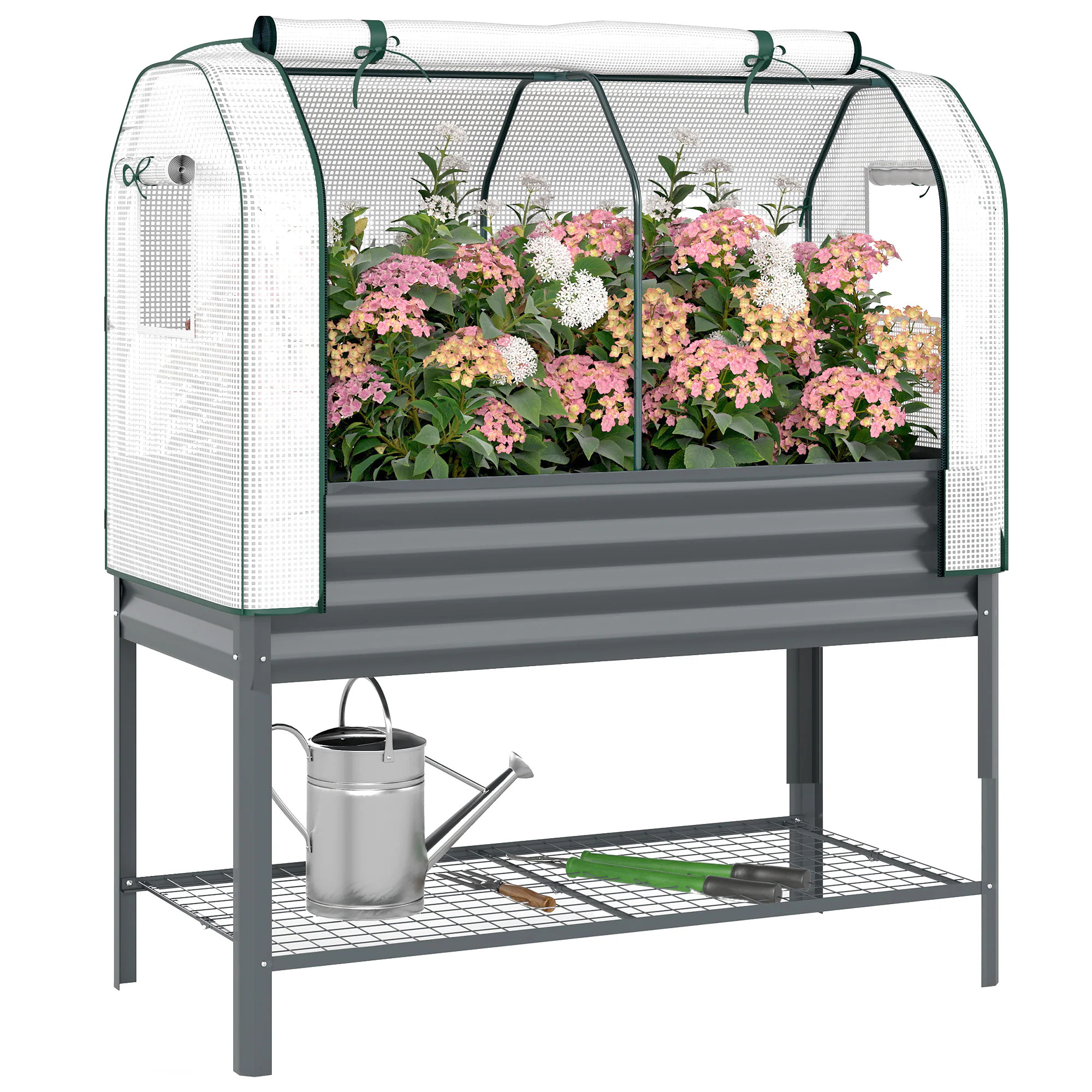 Outsunny Galvanised Raised Garden Bed with Greenhouse Cover Metal Elevated Garden Bed with Legs Bed Liner and Bottom Shelf Outdoor Raised Planter Box | Lowe's