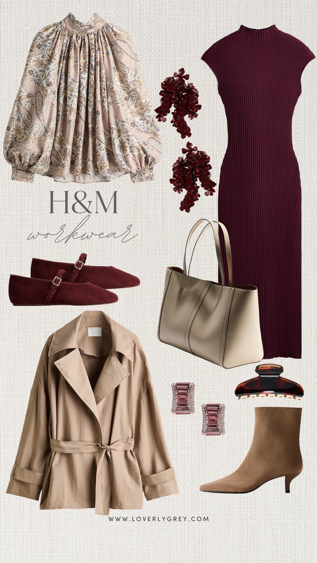 H&M workwear is having a moment! This burgundy knit dress, patterned blouse, trench coat, flats and structured tote are such pretty fall work outfit ideas for women and feel polished without being boring.

#LTKootd #LTKSeasonal