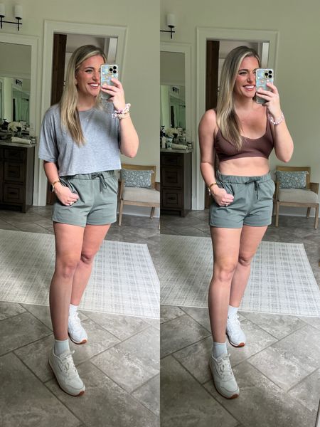 Comfy ootd!!! 
Current fav workout shorts. No liner & so comfy + stretchy. Come in tons of colors. Have the brown & ordering the black. Sized up 1 to the L for the perfect comfy fit. 
Cropped boxy workout tee. Just like lululemon. 10/10. Sized up 1 to the L
Brown ribbed stretchy Lounge bra so comfy. Sized up 1 to the L 
White sneakers TTS 
Fave crew socks 


#LTKfit #LTKunder50 #LTKFind