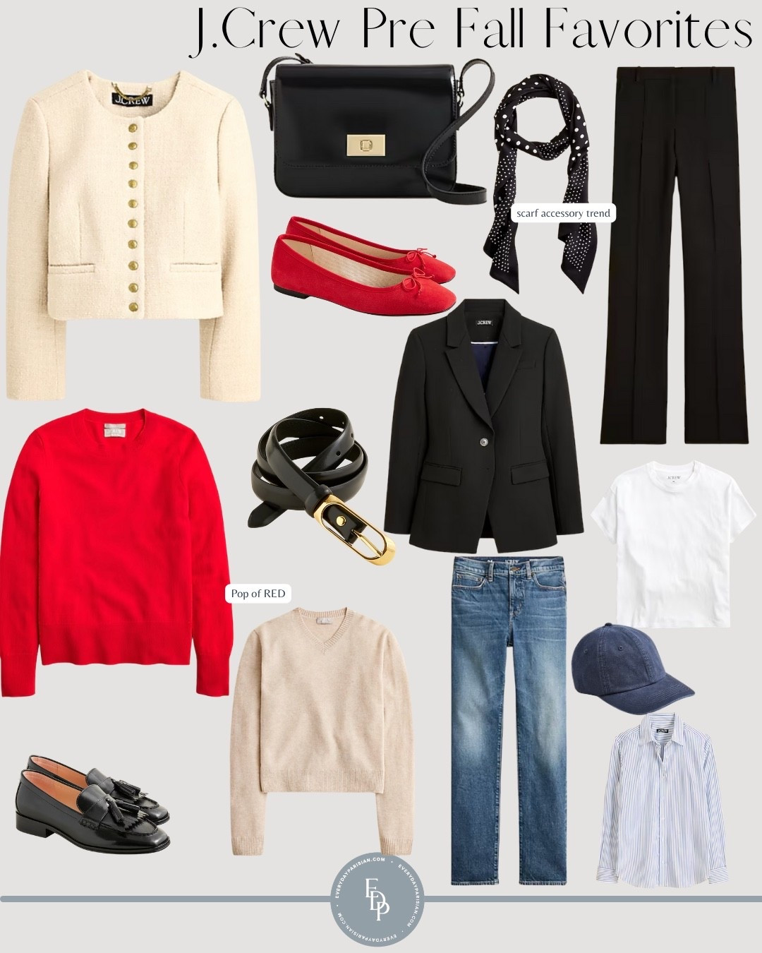 Jcrew pre fall favorites! Loving the pop of red for fall. Classic black loafers and ballets flats pair well with the last jacket and black blazer. Passport members get $50 off if they spend $200. 

#LTKOver40