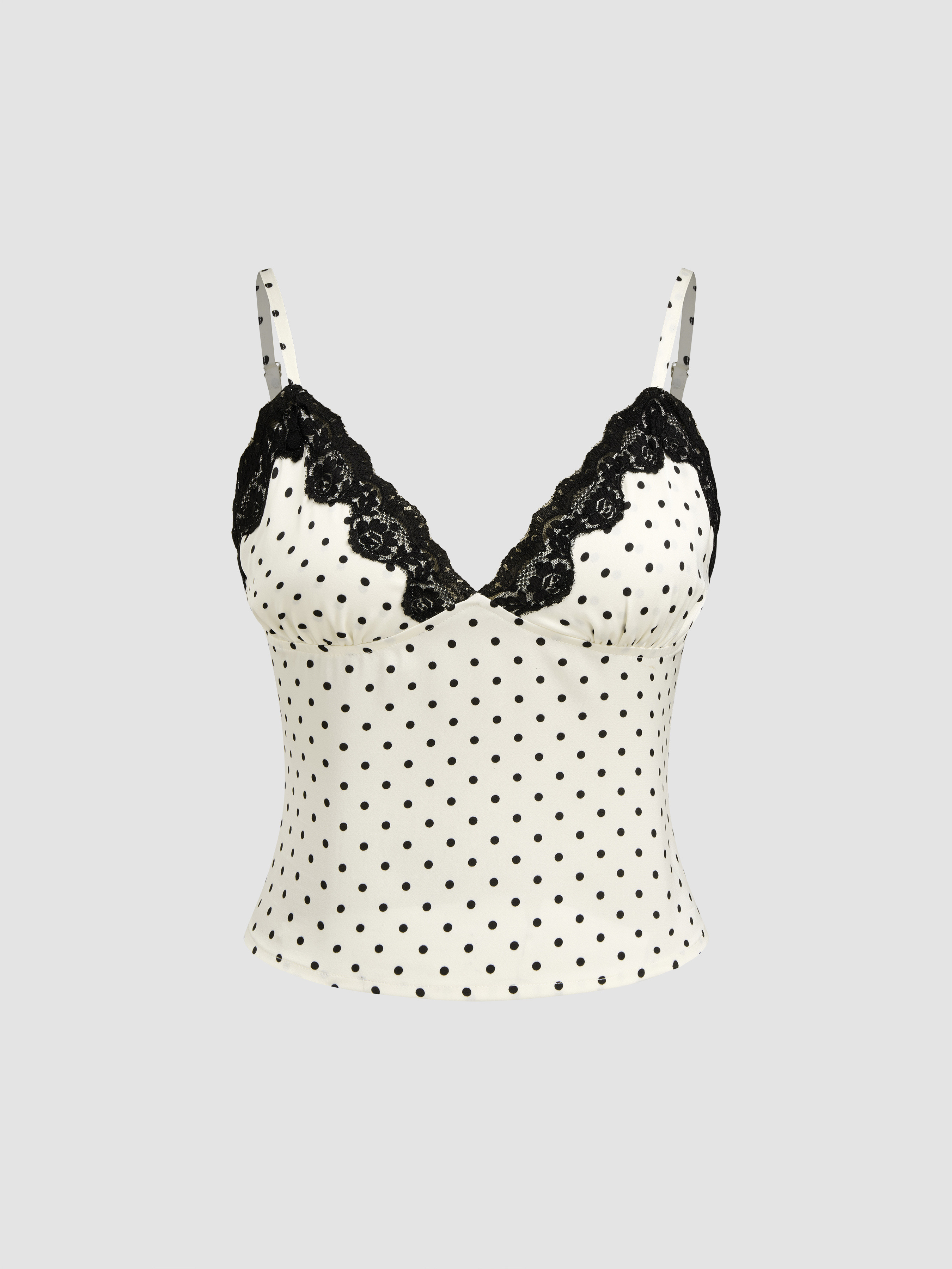 Woven Polka Dot V-neck Contrasting Lace Cami Top For Daily Casual | Cider