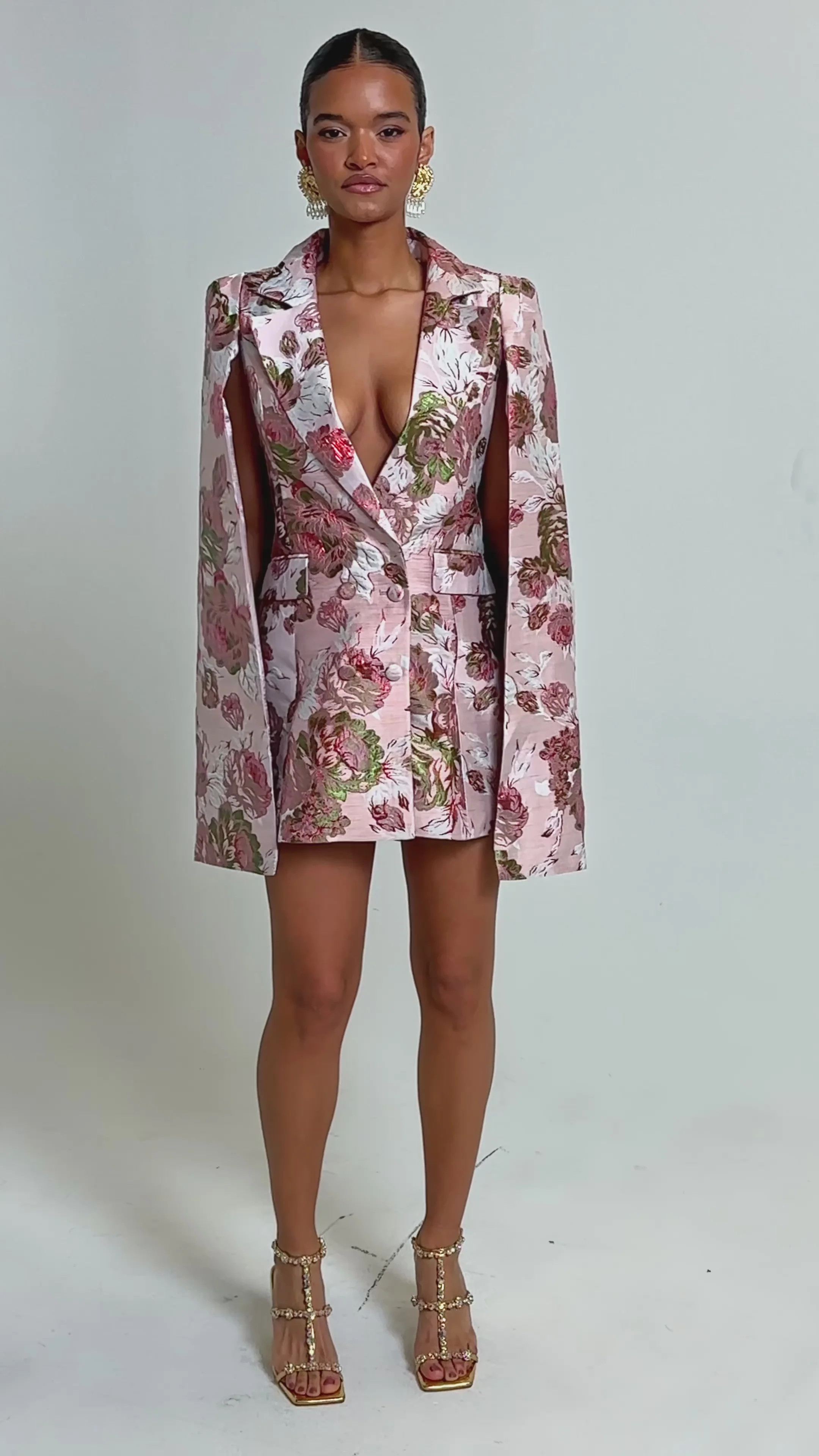 IMANI BROCADE CAPE SLEEVE BLAZER DRESS IN PINK | AKIRA